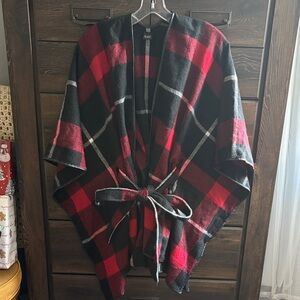 Red and Black Plaid Poncho with Belt